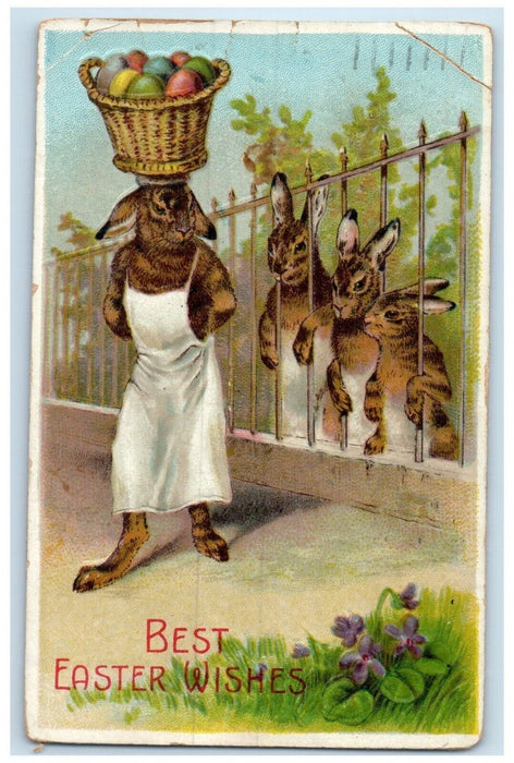 1913 Easter Anthropomorphic Rabbit With Basket Eggs Embossed Chicago IL Postcard