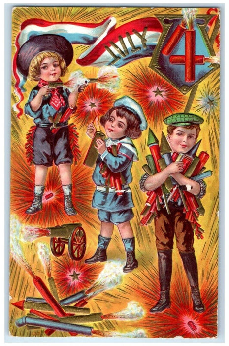 1909 Fourth Of July Children Fireworks Embossed Nelson Illinois IL Postcard