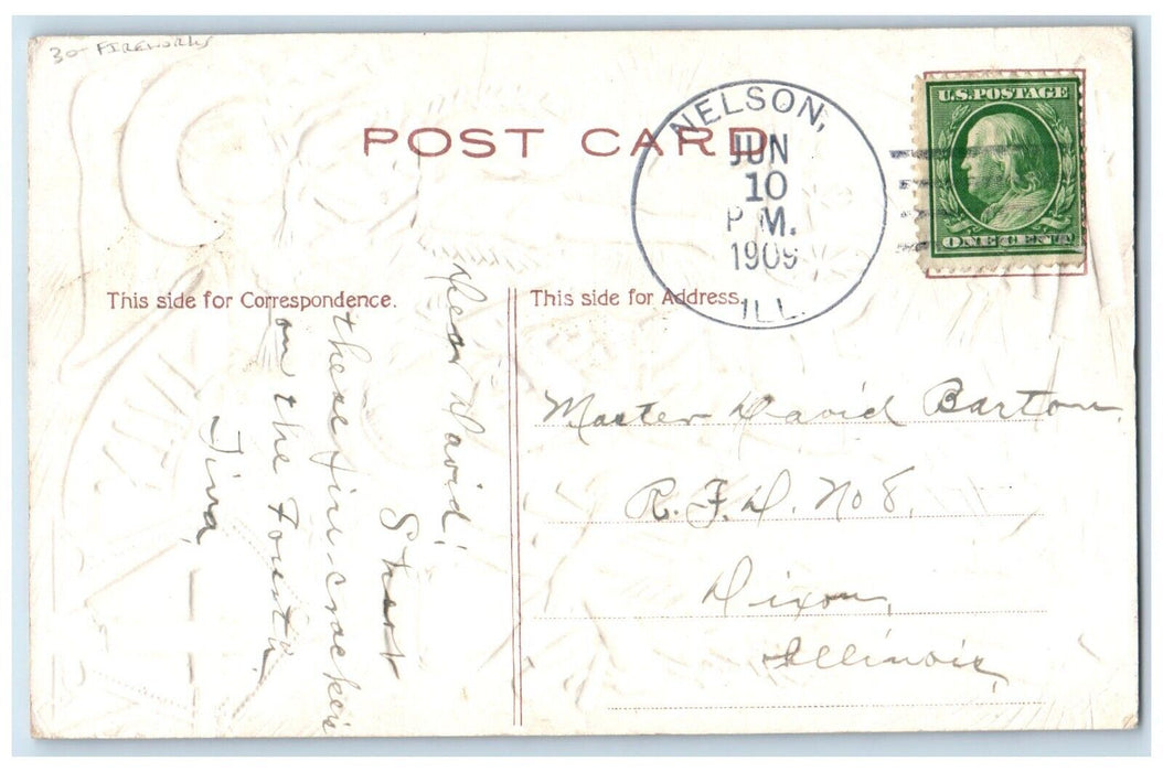 1909 Fourth Of July Children Fireworks Embossed Nelson Illinois IL Postcard