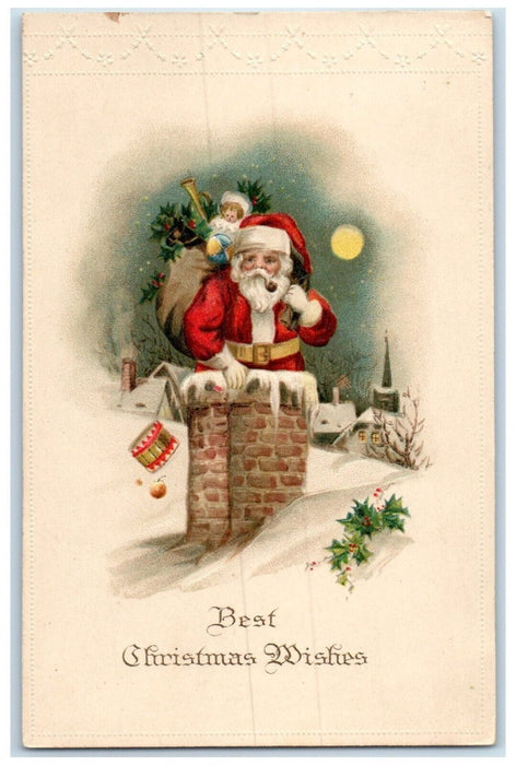 1914 Christmas Wishes Santa Claus Sack Of Toys In Chimney Embossed Postcard