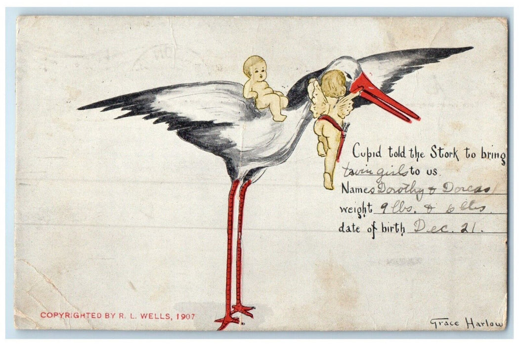 1917 Stork Delivering Twin Baby Cupid Madison Indiana IN Posted Antique Postcard