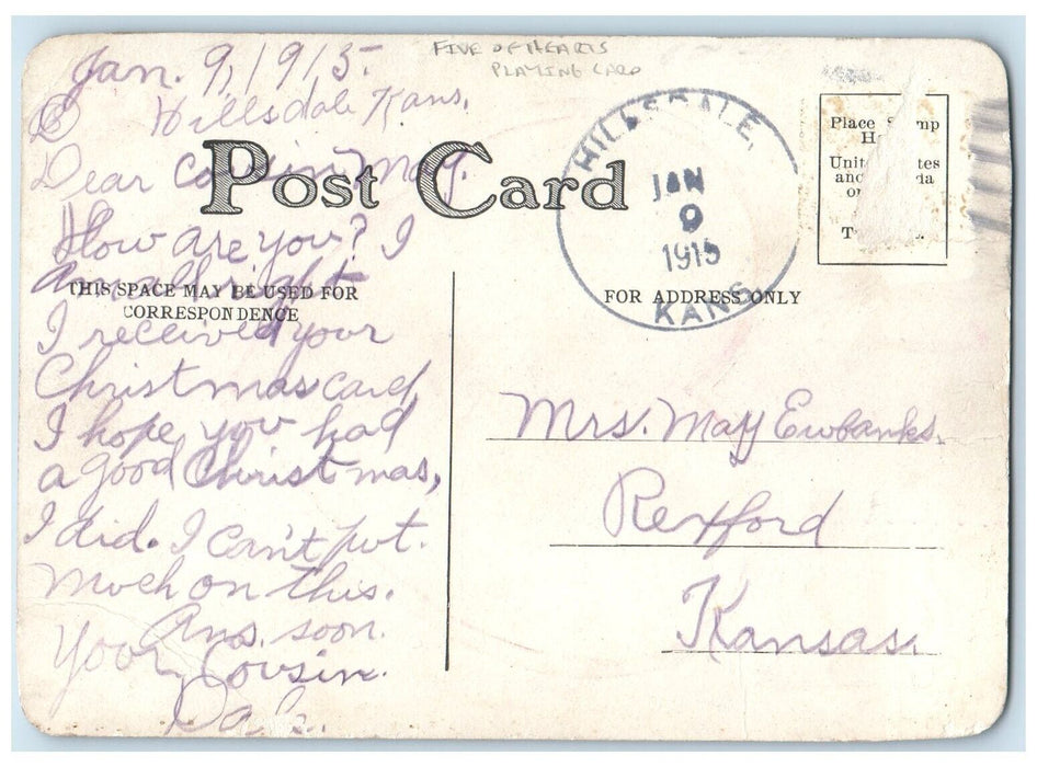 1915 Five Of Hearts Playing Cards Chickens Hillsdale Kansas KS Antique Postcard