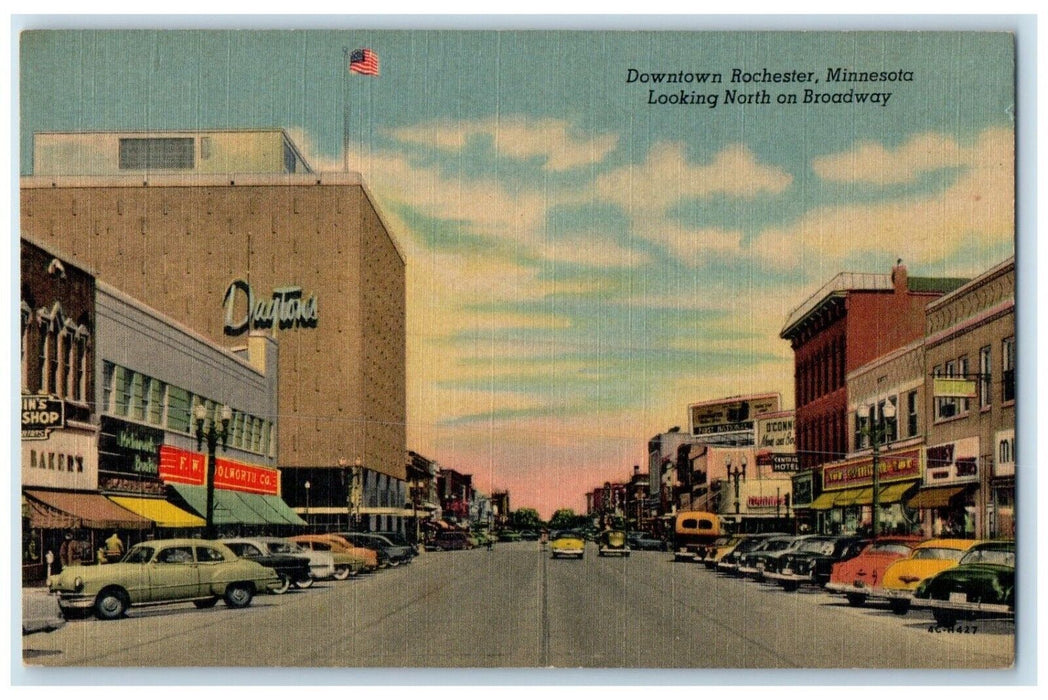 c1940 Looking North Broadway Downtown Classic Cars Rochester Minnesota Postcard