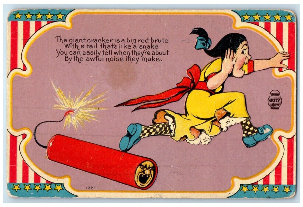c1910's Fourth Of July Woman Giant Firecracker Embossed Antique Postcard