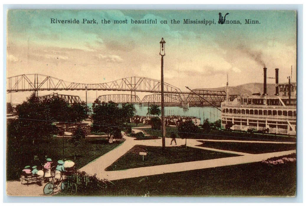1912 Riverside Park Most Beautiful Mississippi Bridge Winona Minnesota Postcard