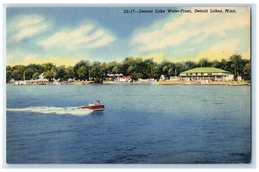 c1940 Detroit Lake Water-Front River Speedboat Detroit Lakes Minnesota Postcard