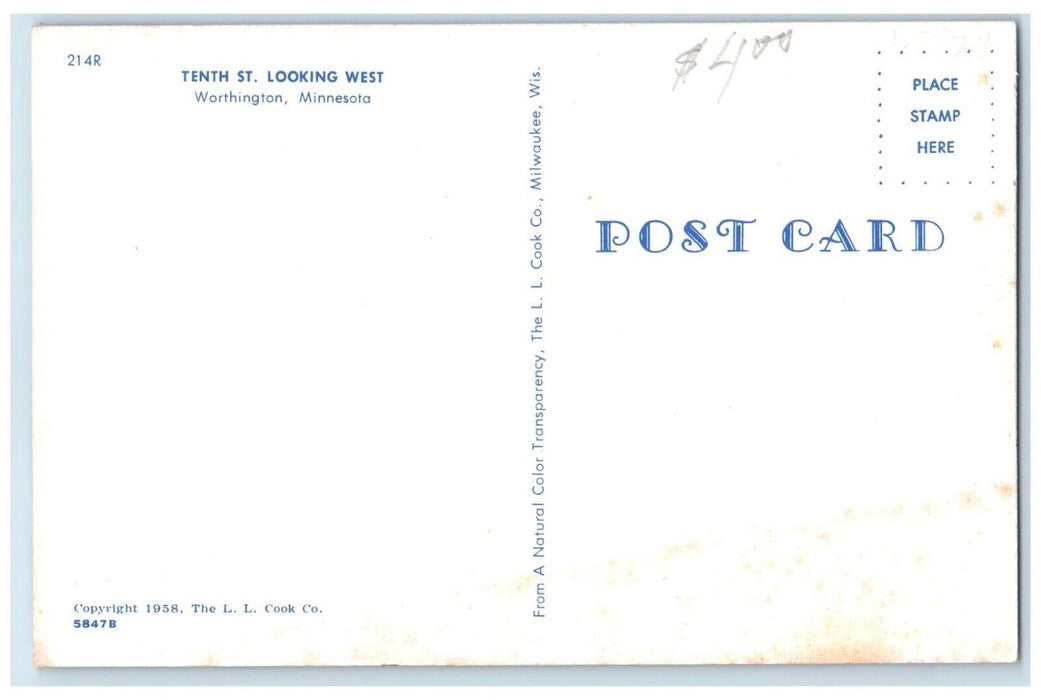 c1960 Tenth St. Looking West Exterior Building Worthington Minnesota MN Postcard