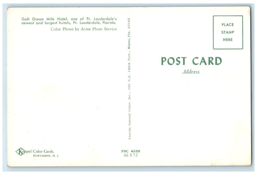 c1960 Galt Ocean Mile Hotel Exterior Building Ft. Lauderdale Florida FL Postcard