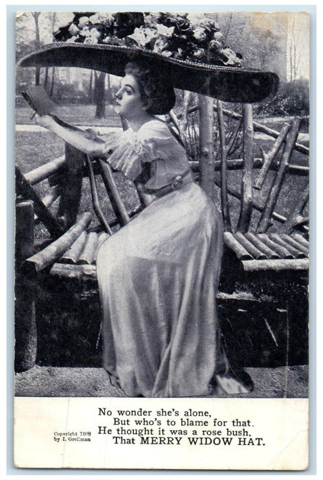 1908 Woman No Wonder She's Alone Merry Widow Hat Manhattan Kansas KS Postcard