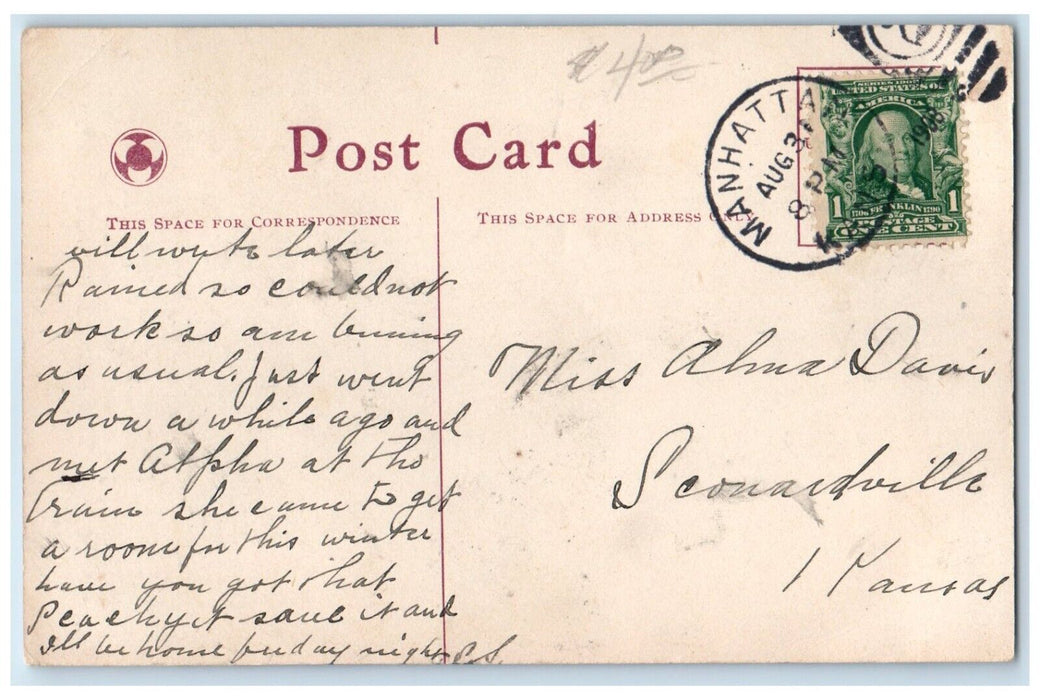 1908 Woman No Wonder She's Alone Merry Widow Hat Manhattan Kansas KS Postcard