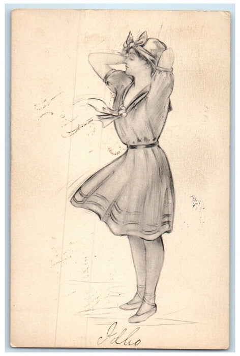 1910 Pretty Woman Bonnet Hand Drawn Boone Iowa IA Posted Antique Postcard