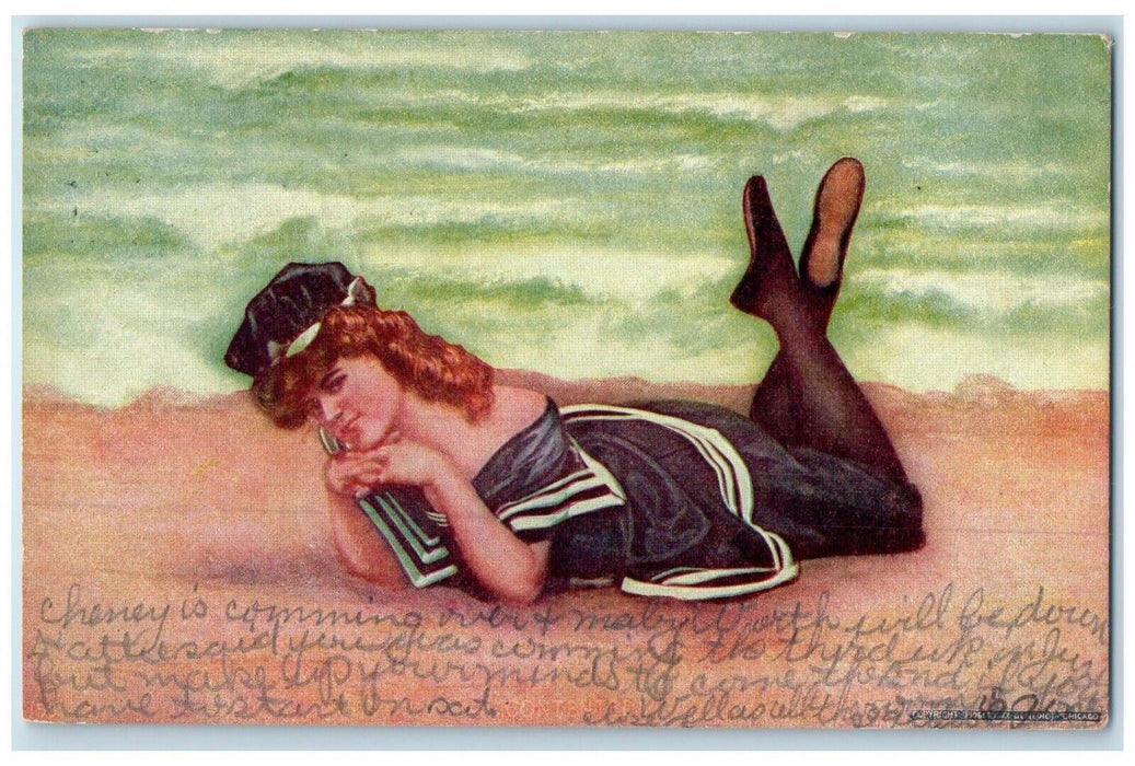 1908 Pretty Woman Curly Hair On Beach Lorimor Iowa IA Posted Antique Postcard