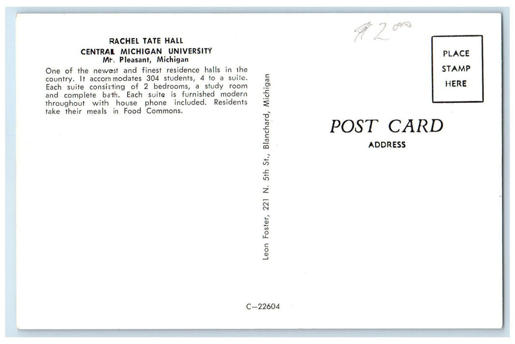 c1960's Rachel Tate Hall Central Michigan University Mt. Pleasant MI Postcard