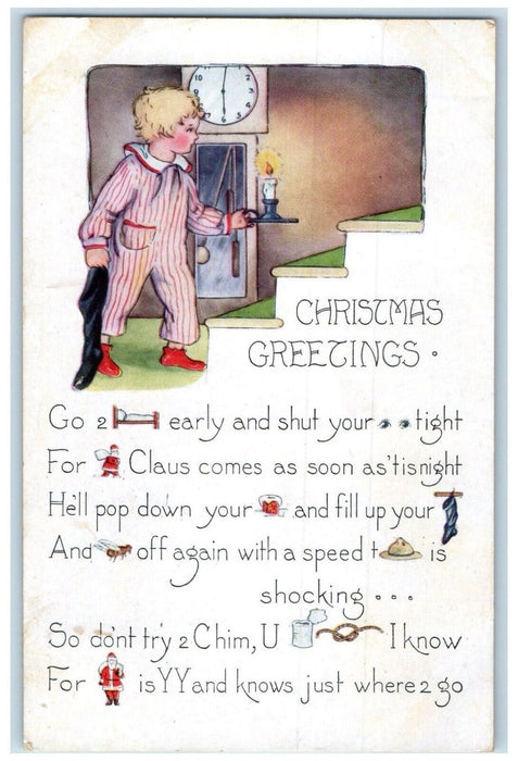 1920 Christmas Greetings Boy Holding Stocking Candle Mount Jackson VA Postcard
