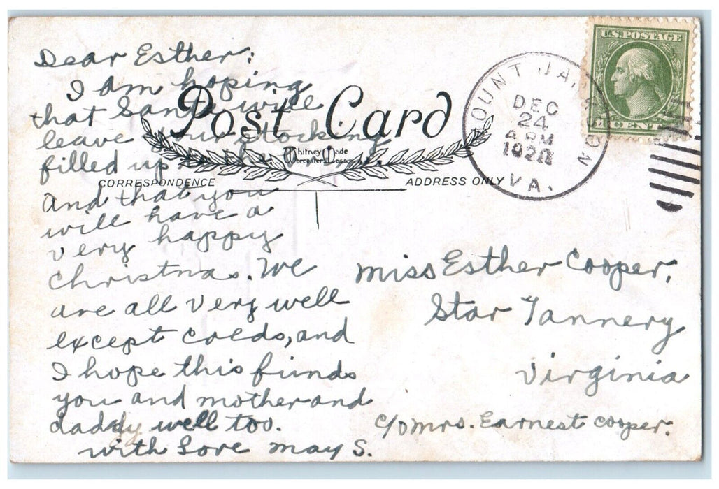 1920 Christmas Greetings Boy Holding Stocking Candle Mount Jackson VA Postcard