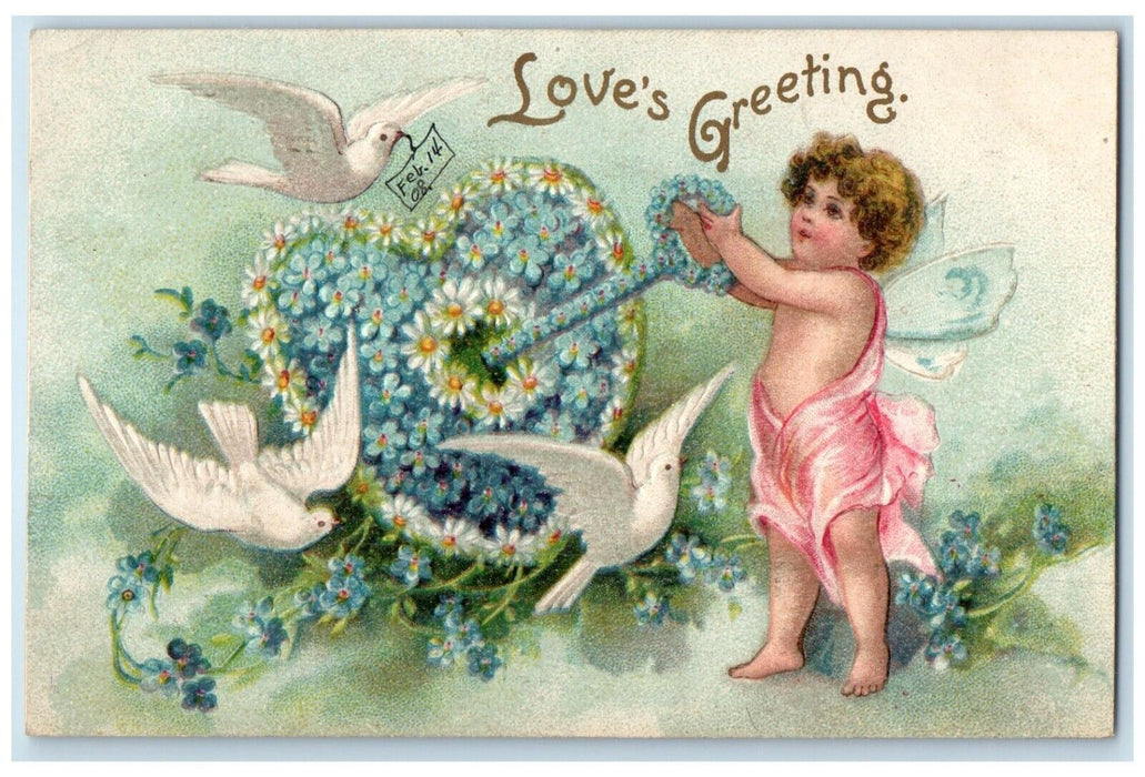 1908 Valentine Greetings Angel Heart Key Dove Pansies Clapsaddle Posted Postcard
