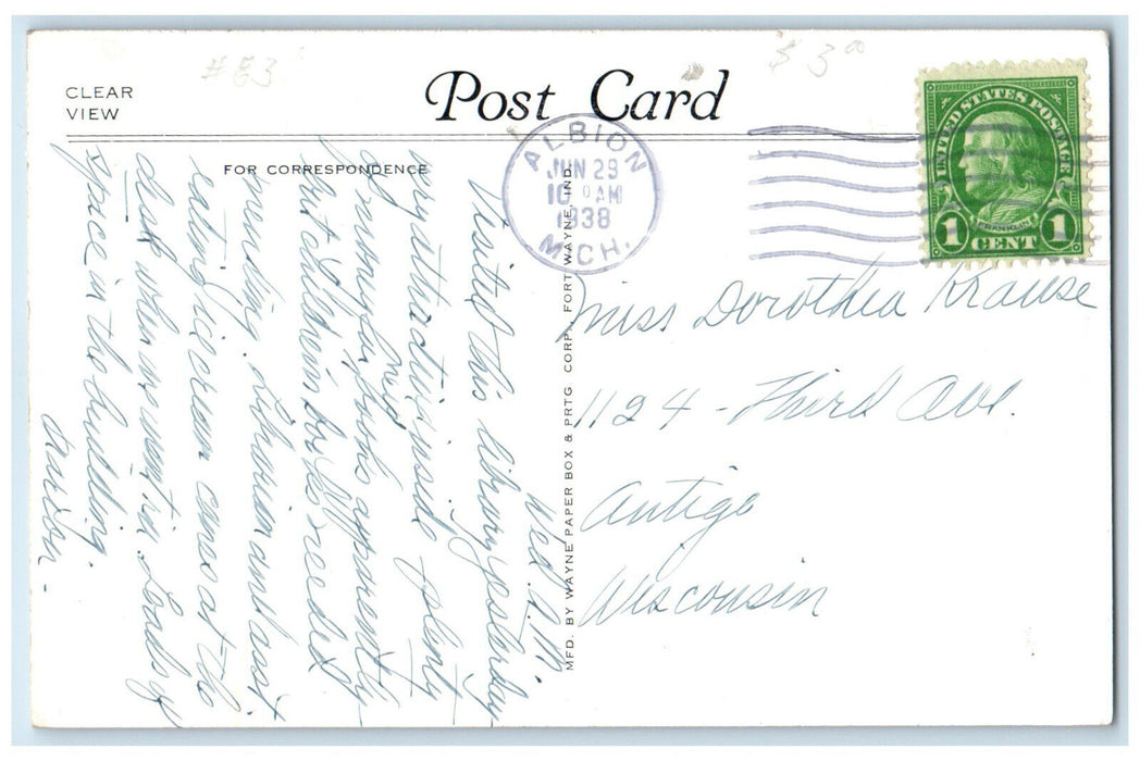 1938 View of Public Library Marshall Michigan MI Antique Posted Postcard