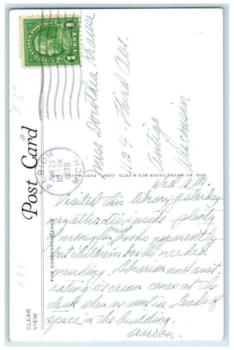 1938 View of Public Library Marshall Michigan MI Antique Posted Postcard