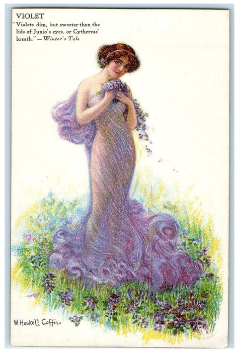 c1910's Pretty Woman Violets Dim Winter's Tale Haskell Coffin Antique Postcard