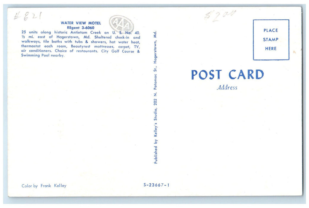 c1960's Water View Motel Hagerstown Maryland MD Vintage Unposted Postcard