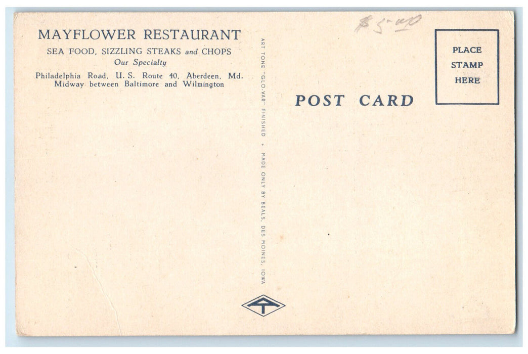 c1940's Mayflower Restaurant Aberdeen Maryland MD Vintage Unposted Postcard