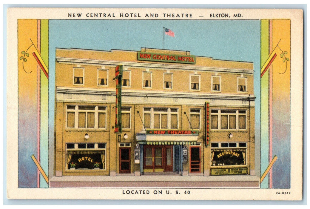 c1940's New Central Hotel and Theatre Elkton Maryland MD Vintage Postcard