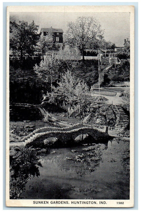 c1940 Scenic View Sunken Gardens Bridge Huntington Indiana IN Vintage Postcard