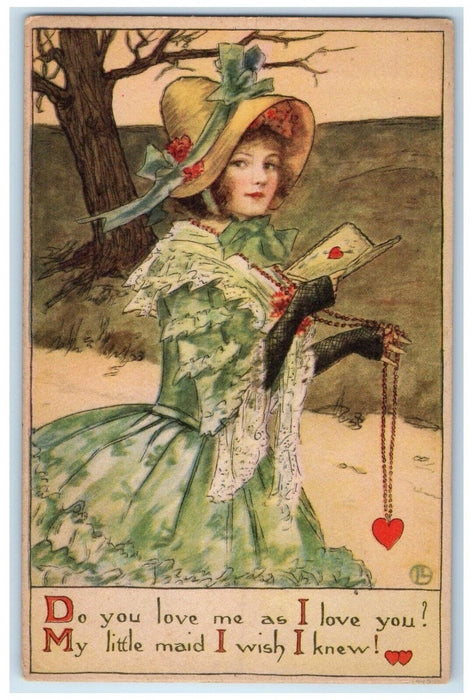 c1910's Valentine Pretty Woman Floral Hat Hearts Unposted Antique Postcard