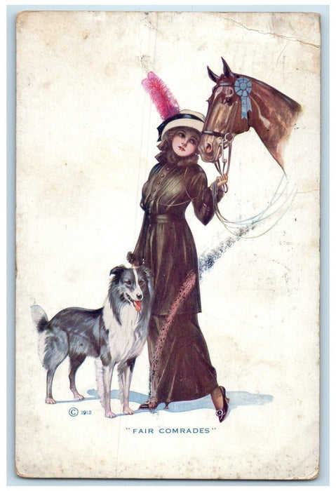 1915 Pretty Woman With Her Dog And Horse Fair Comrades Salem Ohio OH Postcard