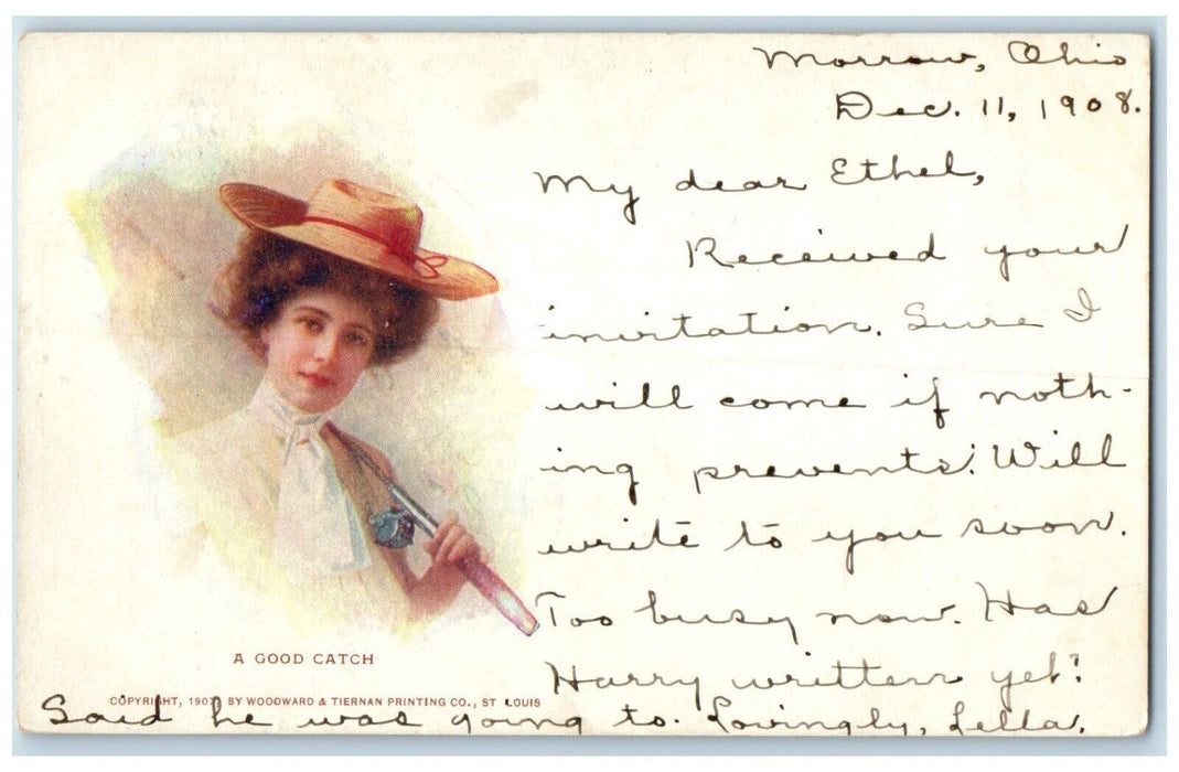 1908 Pretty Woman Fishing Farmer Hat Morrow Ohio OH Posted Antique Postcard