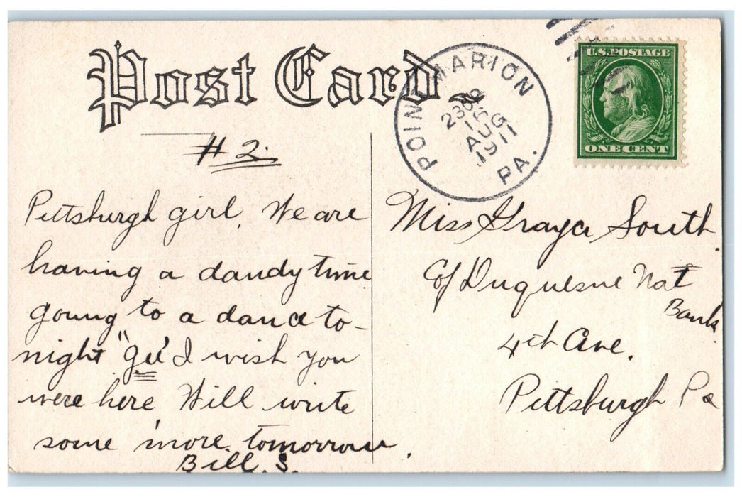 1911 Pretty Woman Brown Hair Big Hat Point Marion Pennsylvania PA Postcard