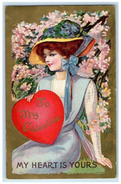 1910 Valentine Heart Pretty Woman Flowers Embossed Noblesville IN Postcard