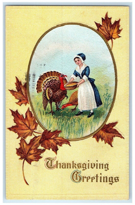 1914 Thanksgiving Greetings Maid Feeding Turkey Embossed Nash Embossed Postcard
