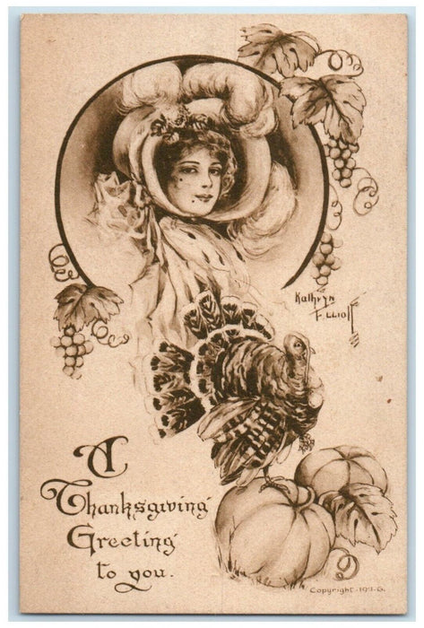 c1910's Thanksgiving Greetings Woman Turkey Grapes Pumpkin Gibson Postcard