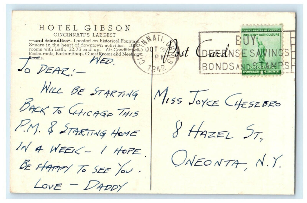 1943 The Hotel Gibson Building Cincinnati Ohio OH Posted Vintage Postcard