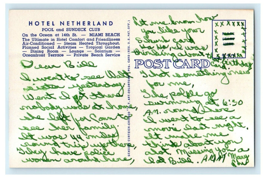 c1940's Hotel Netherland Pool Sundeck Club Miami Beach Florida FL Postcard