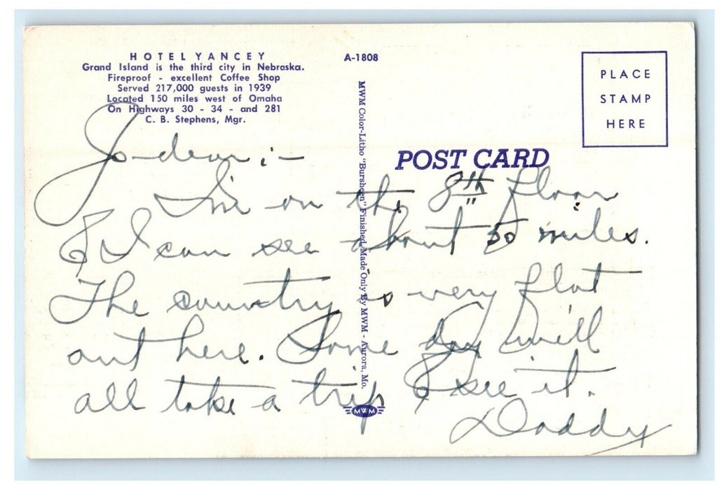 c1940's Hotel Yancey Grand Island Nebraska NE Posted Vintage Postcard