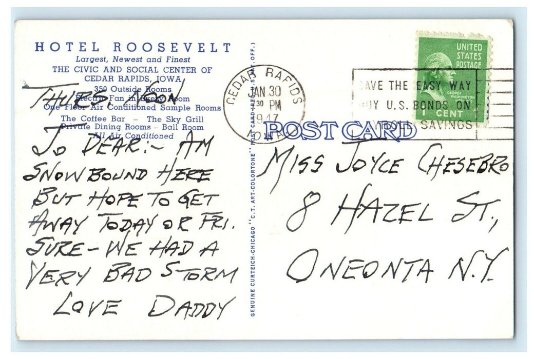 1947 Hotel Roosevelt Building Cedar Rapids Iowa IA Posted Vintage Postcard