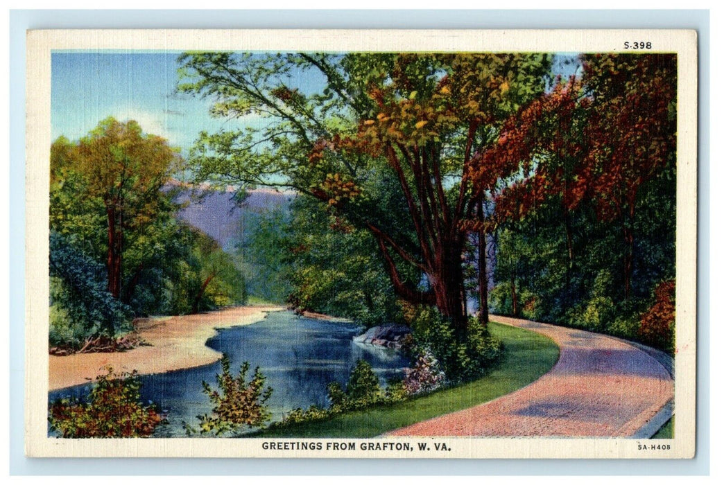 1945 Greetings From Grafton West Virginia WV Road River View Postcard