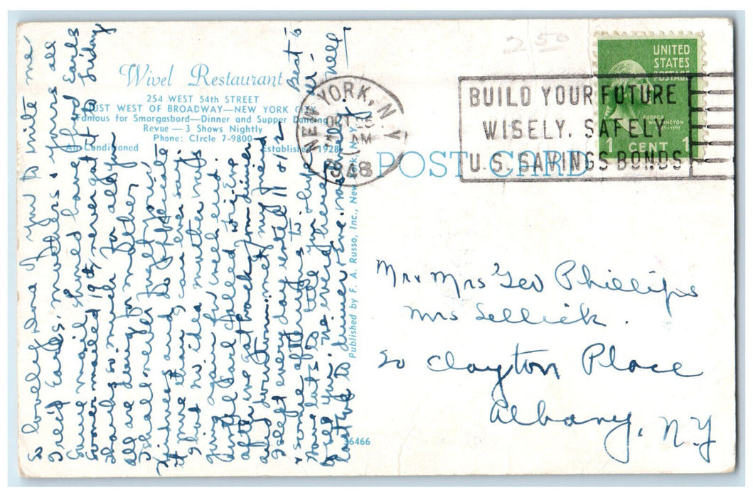 1948 Dining Room of Wivel Restaurant, New York City New York NY Postcard