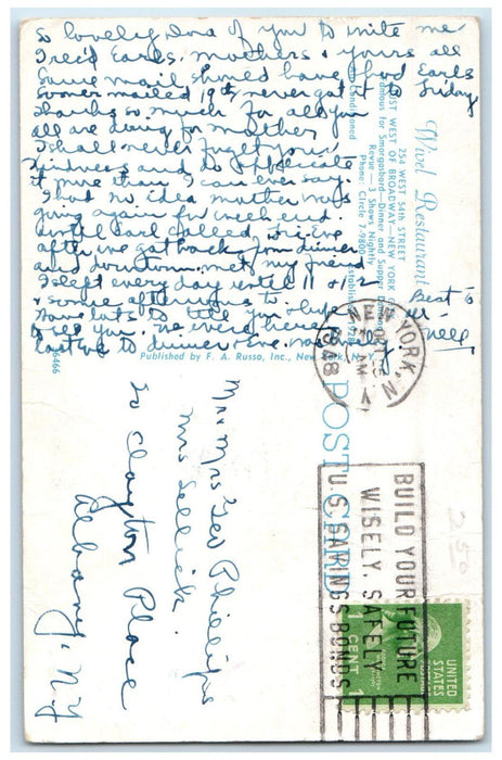 1948 Dining Room of Wivel Restaurant, New York City New York NY Postcard