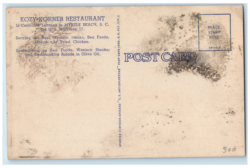 c1940's Kozy Korner Restaurant Myrtle Beach South Carolina SC Postcard