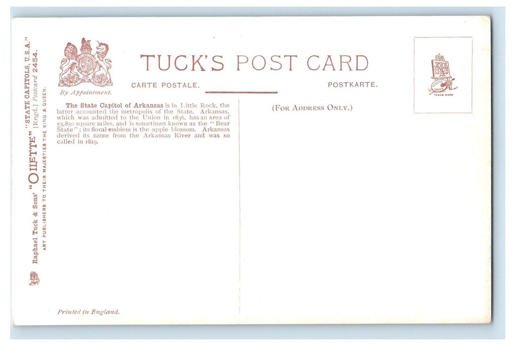 The Arkansas State Capitol Little Rock Arkansas AR Tuck's Oilette Postcard