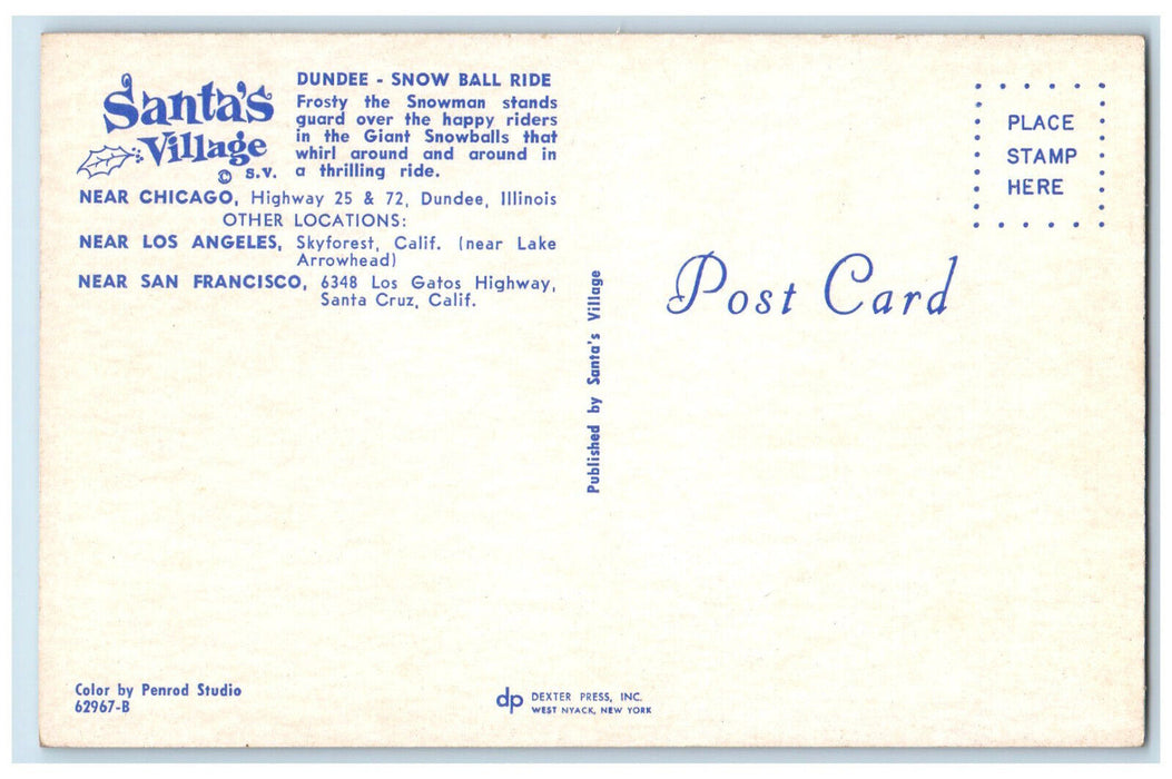 c1960's Dundee - Snow Ball Ride, Frosty Snowman Dundee Illinois IL Postcard