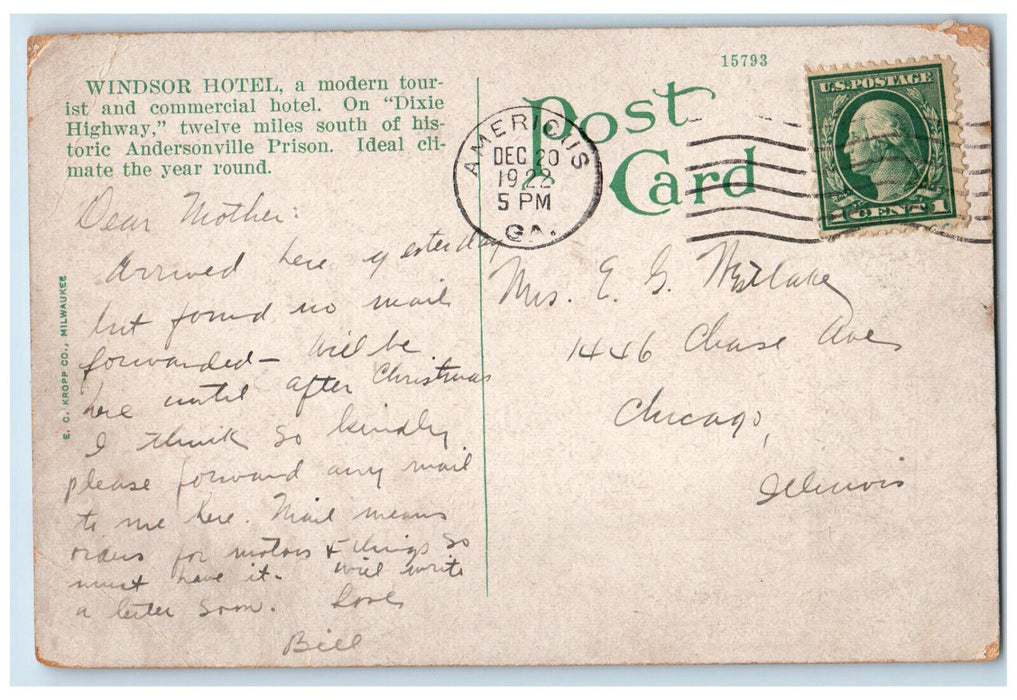 1922 Windsor On Dixie Highway Hotel Americus Georgia GA Antique Postcard