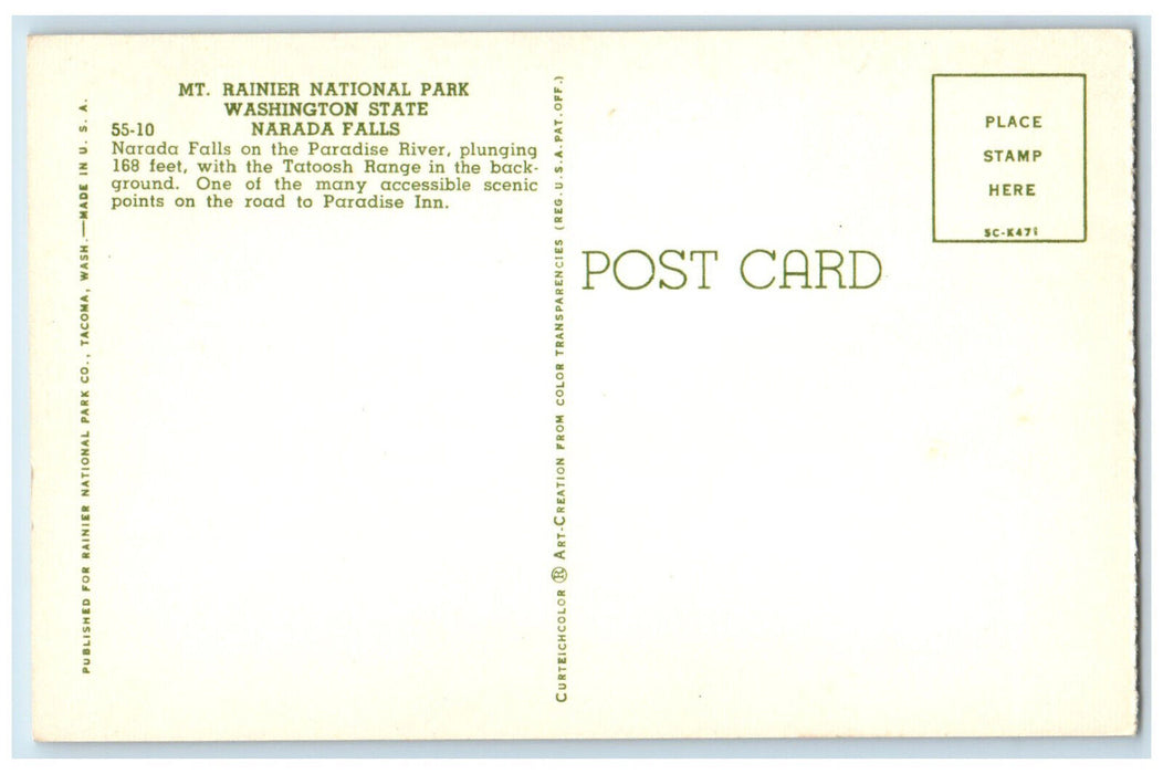 c1950's Narada Falls Mt. Rainier National Park Washington State WA Postcard