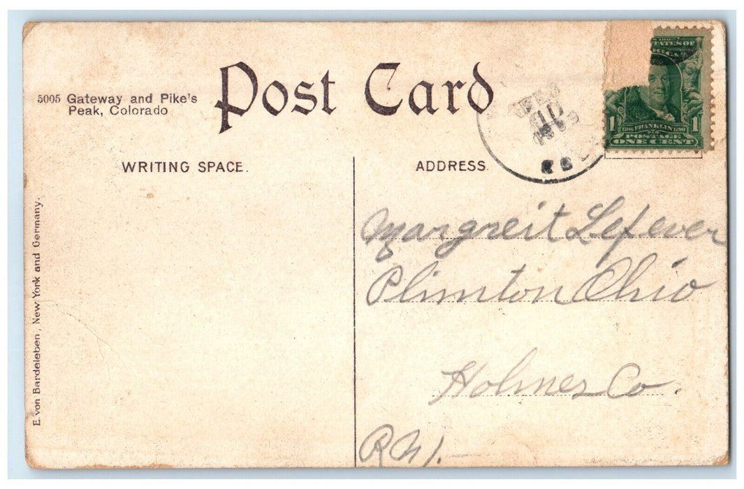 c1910's View Of Gateway And Pike's Peak Colorado CO Posted Antique Postcard
