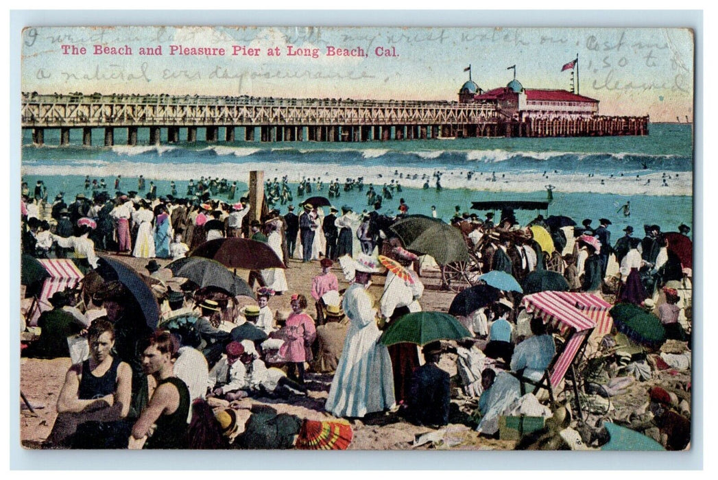 c1910's The Beach And Pleasure Pier At Long Beach California CA Antique Postcard