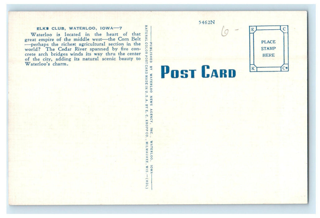 c1940s View in Front of Elks Club Waterloo Iowa IA Unposted Vintage Postcard