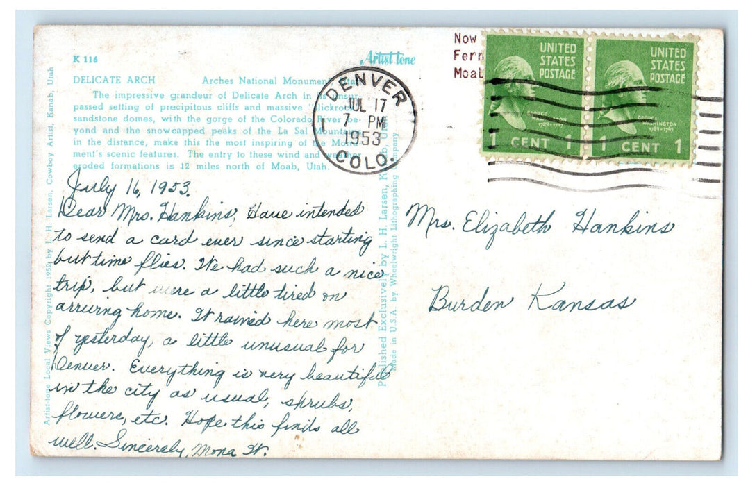 1953 Arches National Monument, Delicate Rock Arch, Denver Colorado CO Postcard